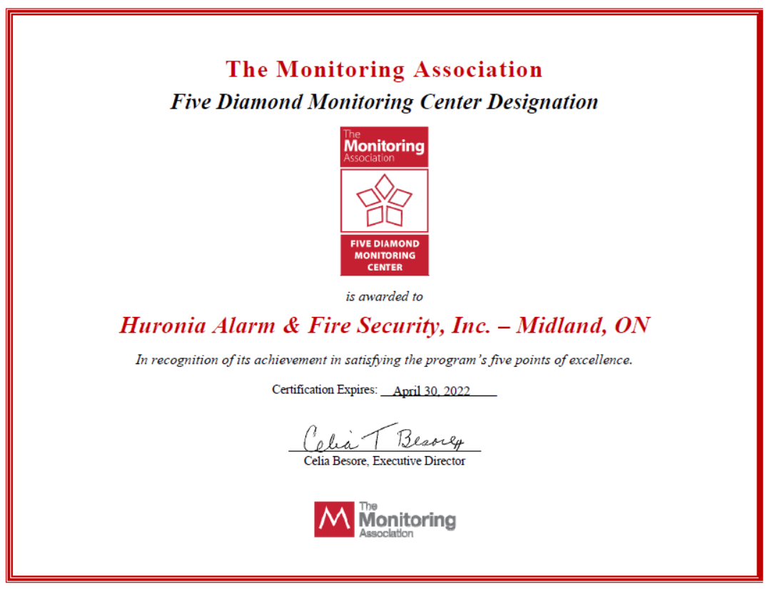 Huronia Alarm & Fire Security, Inc. renews TMA Five Diamond Monitoring Center Designation, 2022